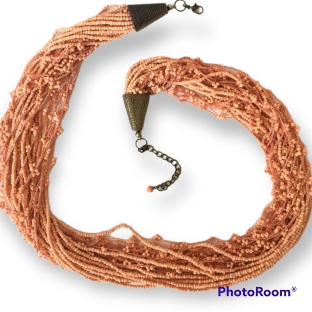 Peach color seed bead multi-strand statement necklace